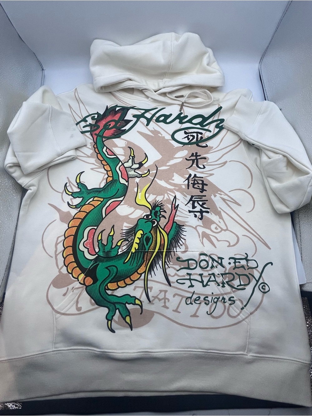 Ed Hardy Cream Hoodie with Green Dragon and Yellow Accents